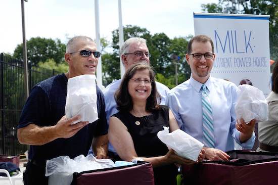 Councilwoman Helen Rosenthal and Councilman Mark Levine join Yankee Manager Joe Girardi at Lasker Pool to hand out Summer Meals to children-- credit Madeleine Ball for the NYC Council