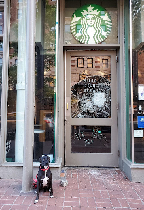 West Side Rag Starbucks Window Smashed And Apple Store Boarded