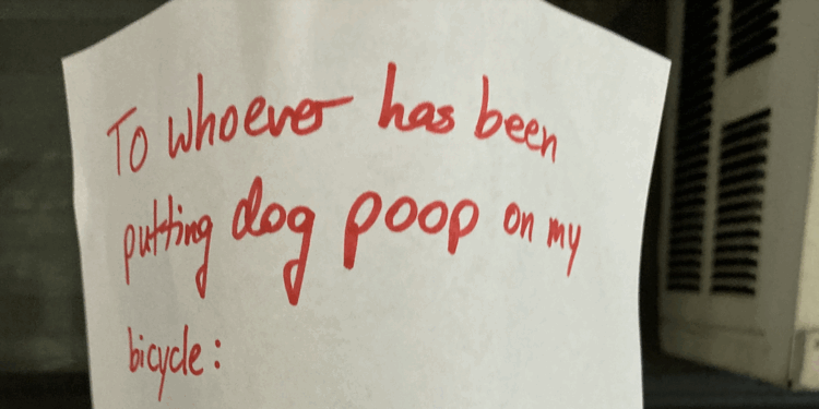 WSR Photo of the Day: UWS Sign Accuses Person of Smearing Dog Poop on Bicycle